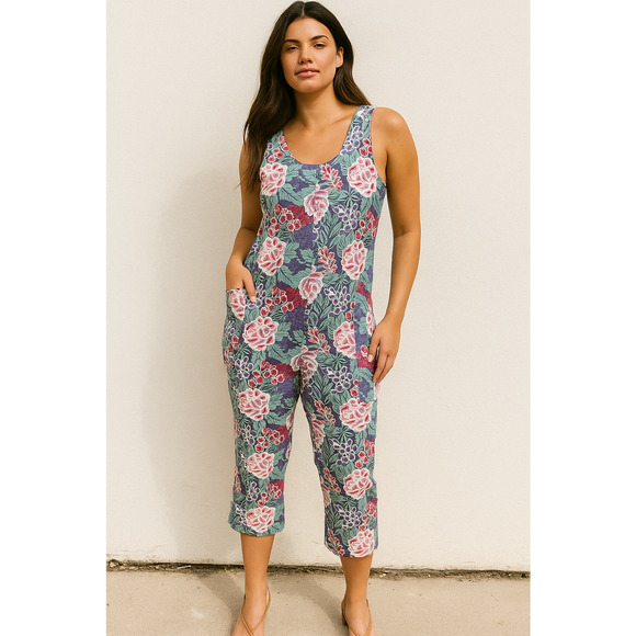 Laura Ashley Floral Sleeveless Jumpsuit Button Front Scoop Neck Size 10 - Picture 1 of 12